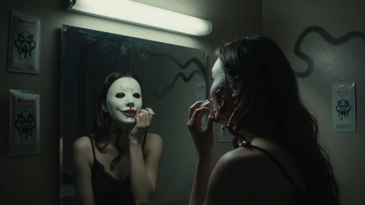 Une femme injectant un faux Botox, son reflet dans le miroir montrant un masque sans visage avec des coutures.