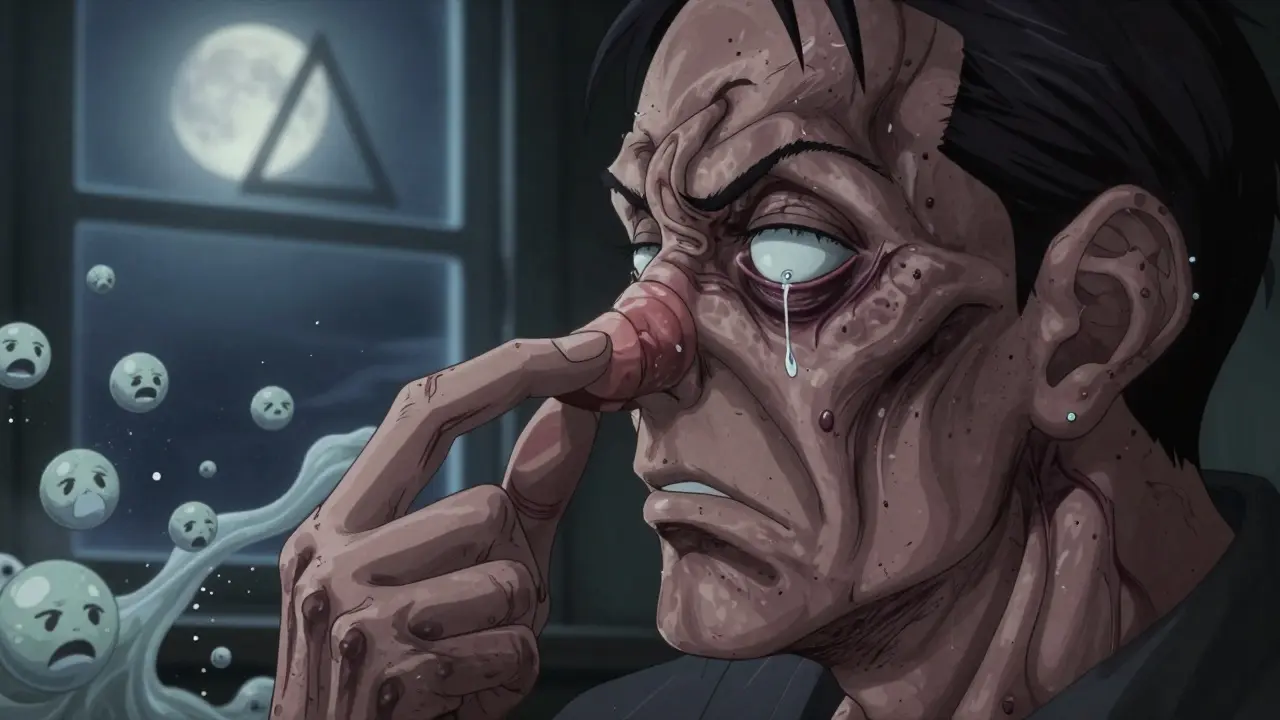 Une main exerçant une pression sur le nez, tandis que l'oreille s'enfonce comme un ballon vide, dans un environnement de mucus flottant.