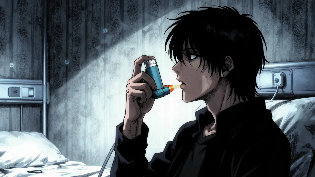 Utilisation d'un inhalateur dans une chambre sombre, atmosphère apaisée mais étrange.