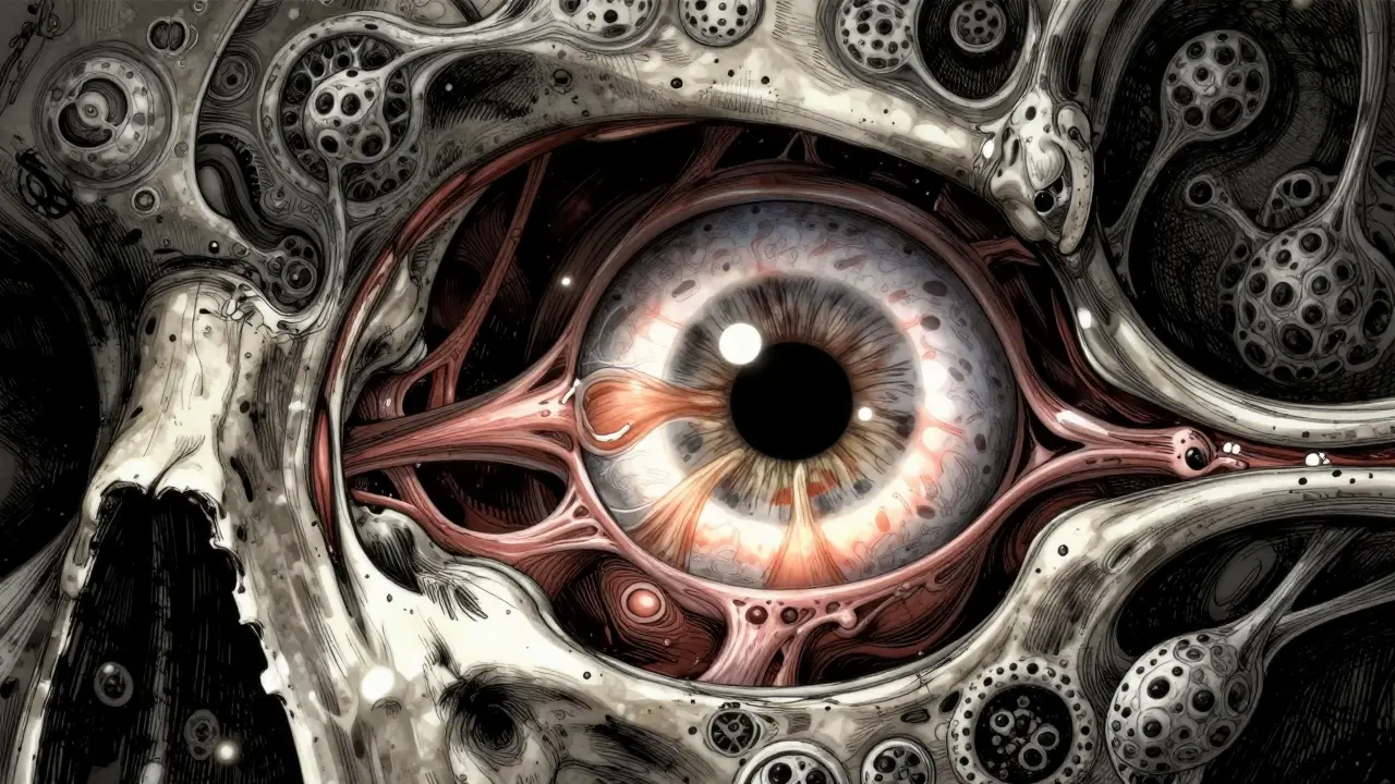 Vue abstraite des muscles oculaires enflammés derrière l'orbite.