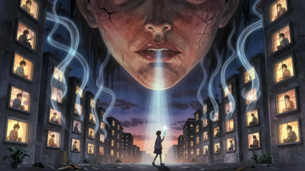 Vues de fenêtres urbaines émettant des rayons UVA sous forme de tentacules qui forment un visage de peau brûlée.