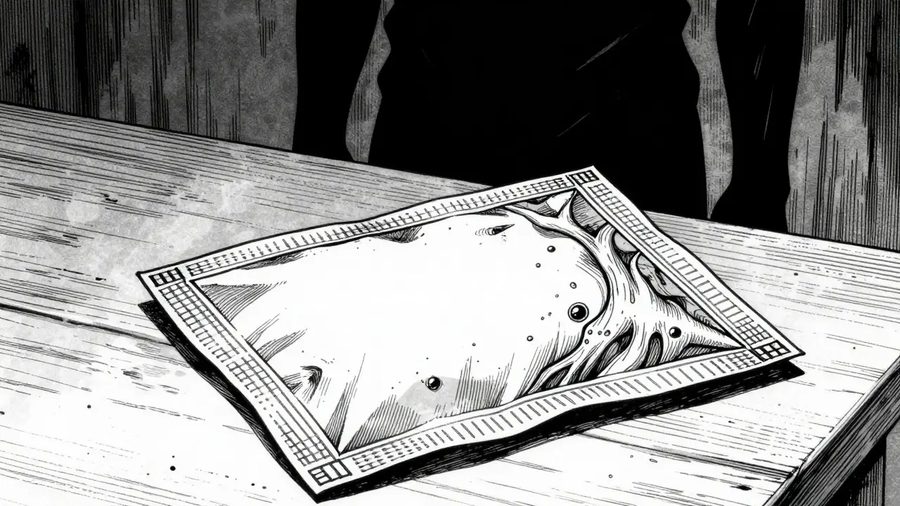 Boîte de médicaments suspecte se transformant en créature, style manga sombre.