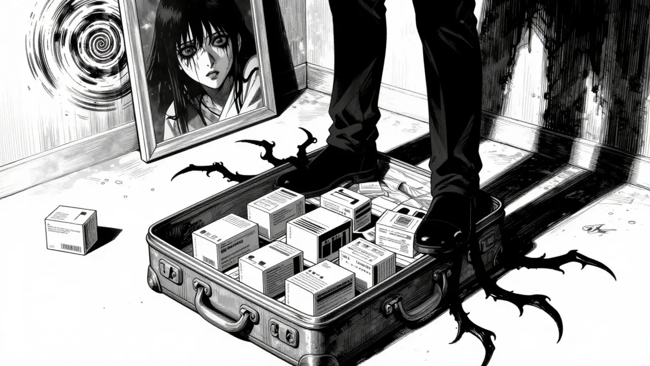 Des médicaments et des documents organisés avec une précision obsessionnelle et inquiétante.