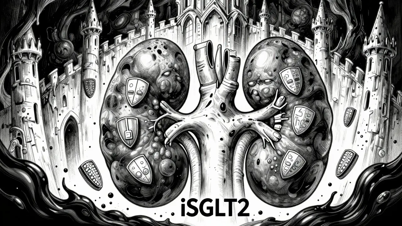 Dessin manga noir et blanc d'un rein protégé par des boucliers contre un flux de glucose.