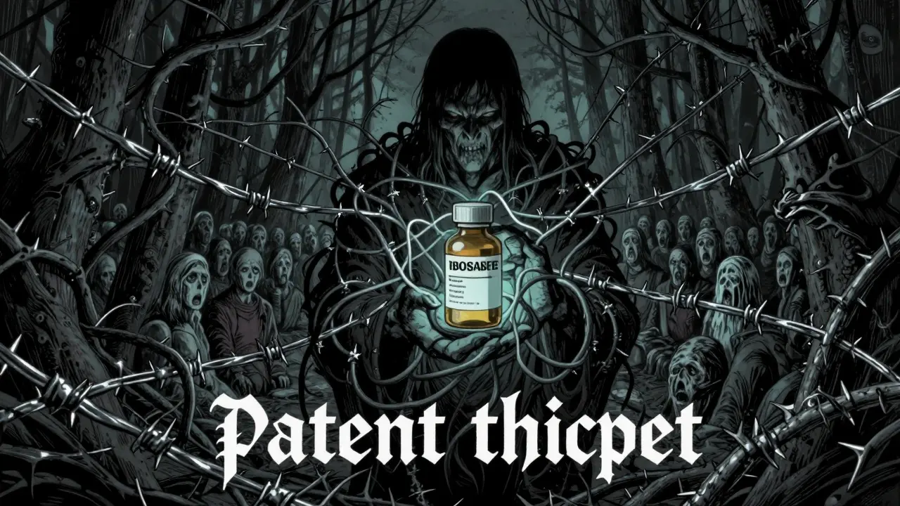 Forêt de brevets symbolisée par des ronces métalliques entourant un médicament.