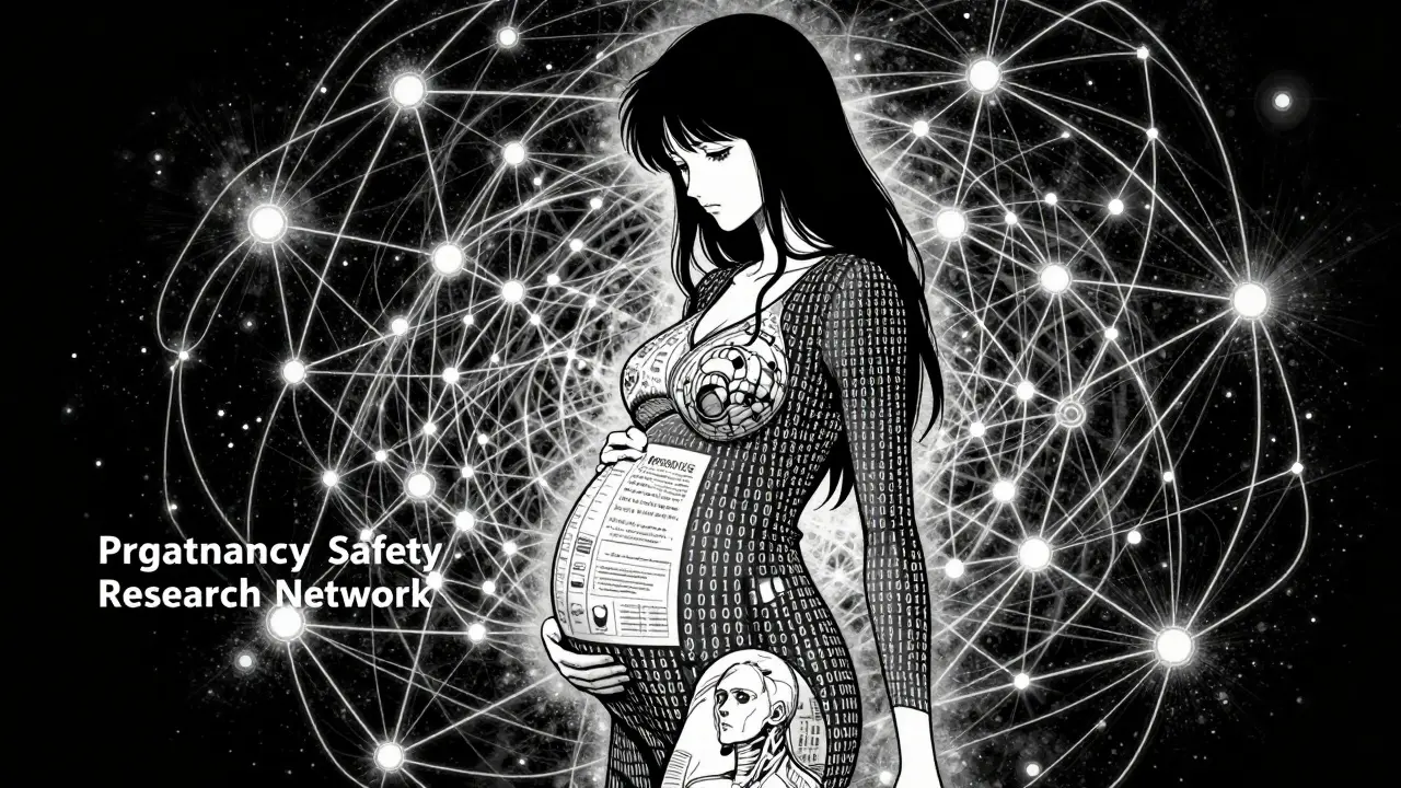 Fusion surréaliste d'une silhouette enceinte et de réseaux de données médicales.