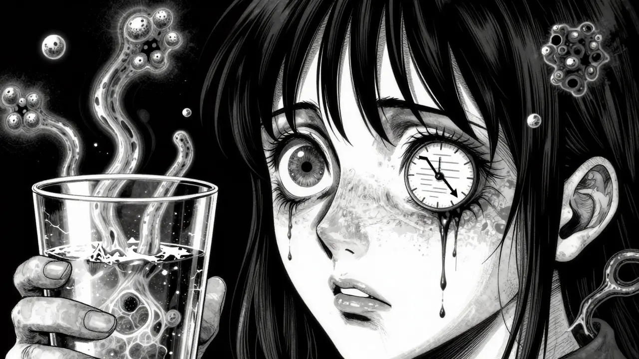 Image style Junji Ito montrant un patient inquiet avec des symboles de déshydratation et de mycose.