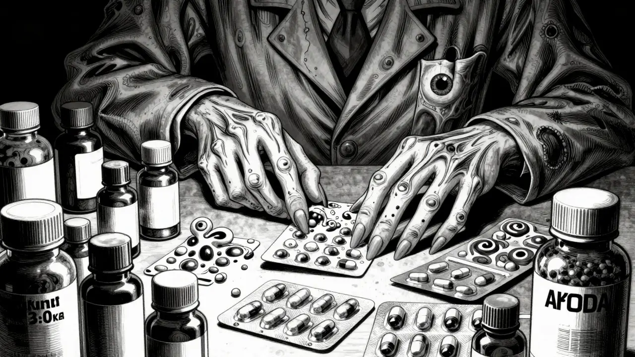 Mains de pharmacien analysant des médicaments avec des détails surréalistes et macabres.