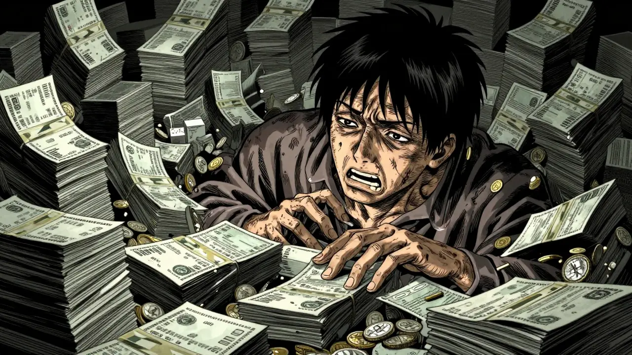 Patient accablé par des piles de factures médicales dans un style manga sombre.