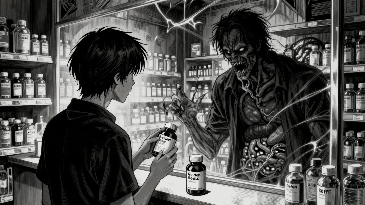 Personne devant un flacon de Sceau d'or avec un reflet monstrueux et distordu, style Junji Ito.