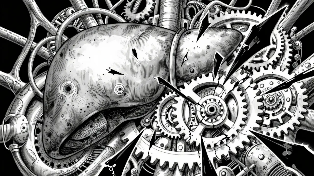 Représentation surréaliste d'enzymes hépatiques bloquées par des éclats noirs, style manga d'horreur.