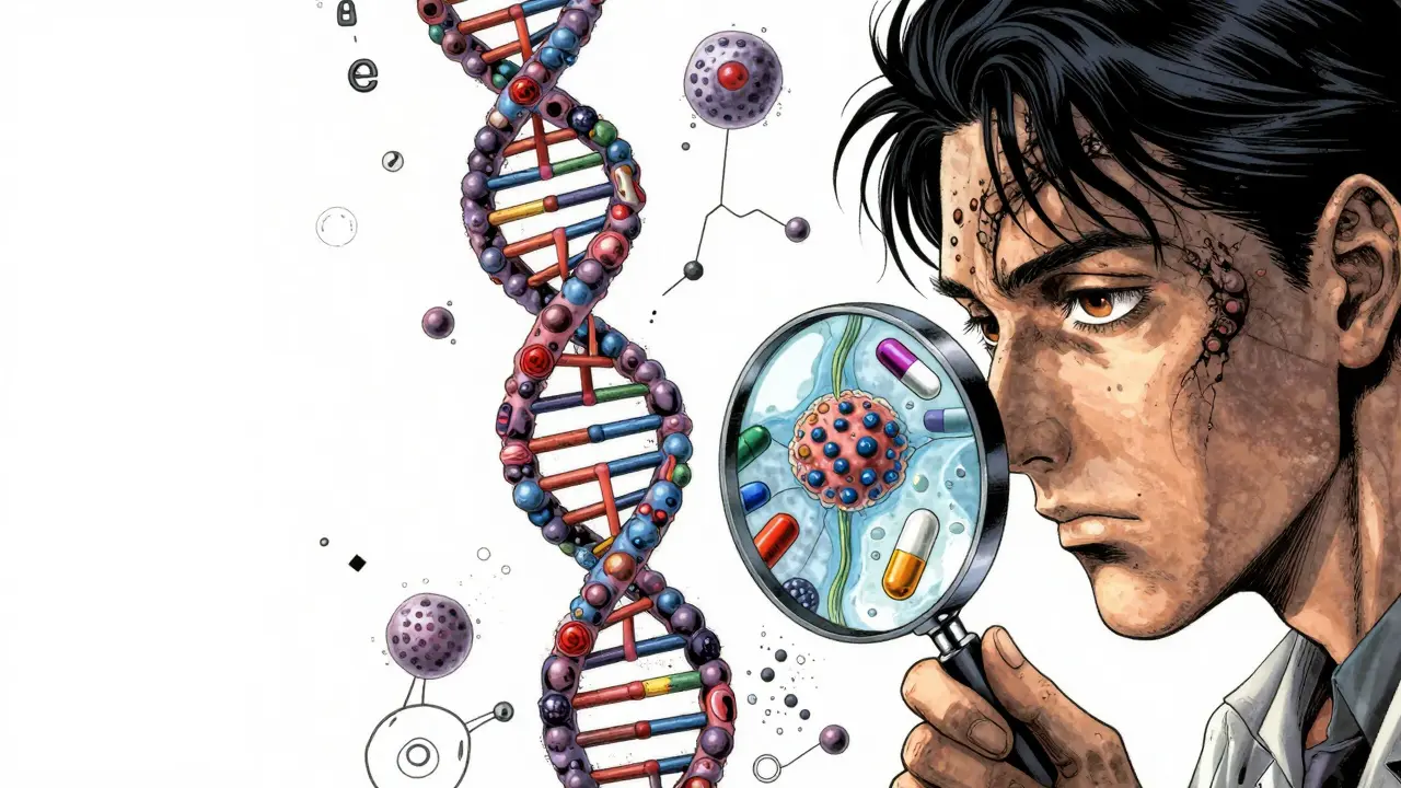 Représentation surréaliste de l'ADN et de la pharmacogénomique dans un style manga sombre.