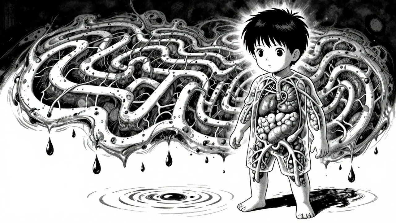 Représentation surréaliste et anatomique des risques de surdosage chez l'enfant.