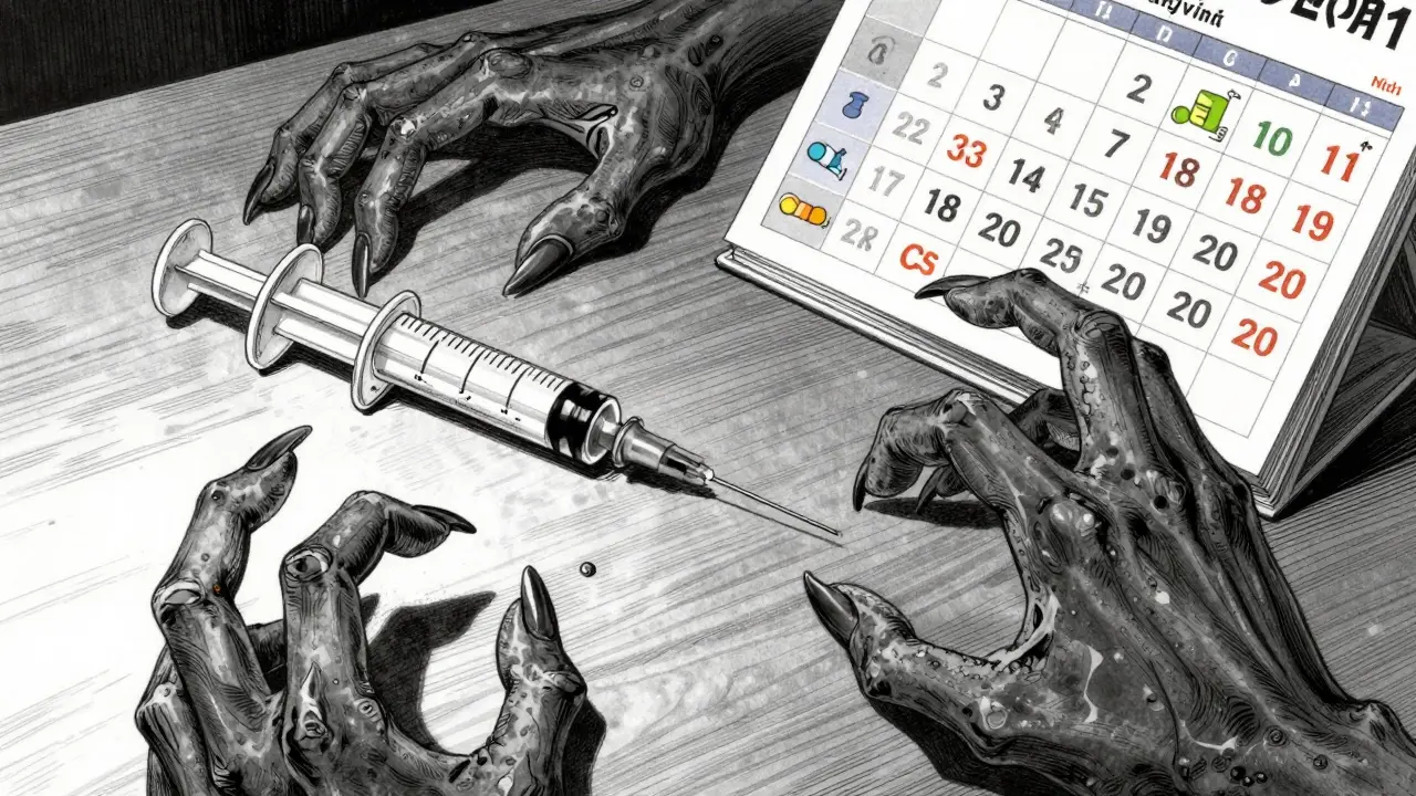 Seringue orale et calendrier de suivi médical avec des ombres inquiétantes.