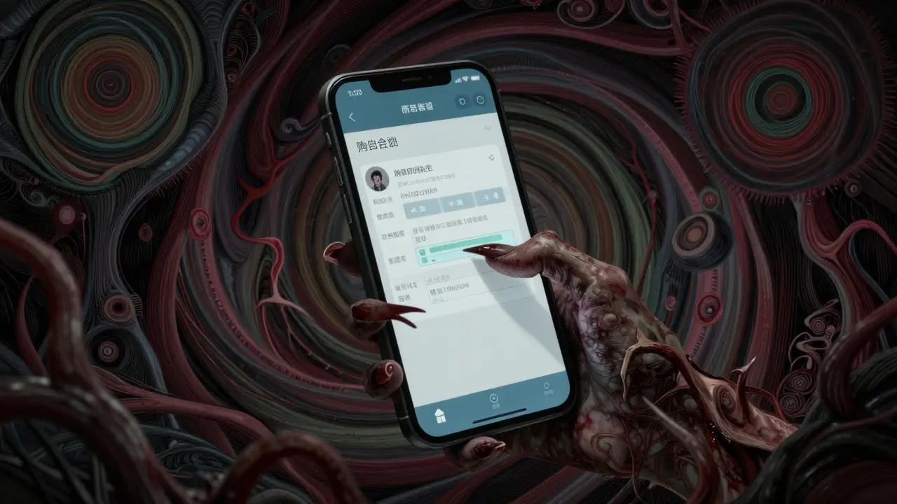 Téléconsultation médicale surréaliste avec des éléments organiques, style Junji Ito.