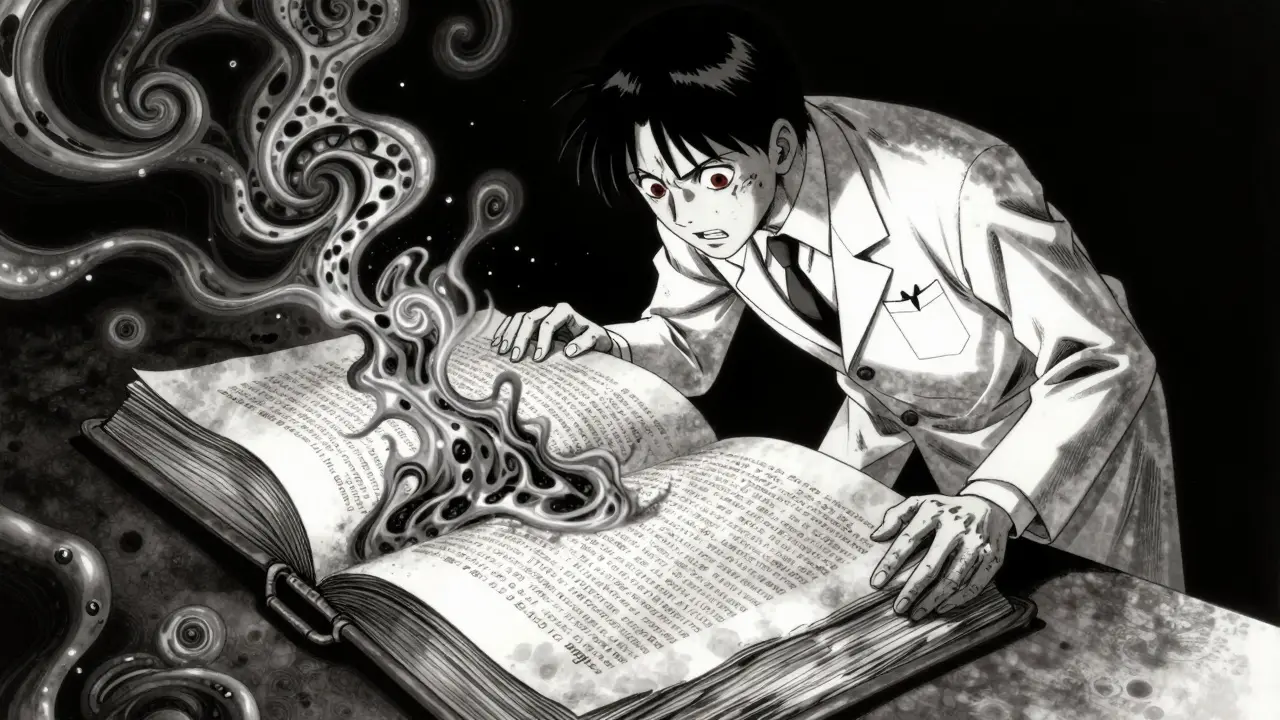 Un pharmacien analysant nerveusement l'Orange Book avec des motifs spirales.