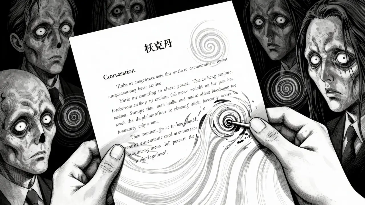 Une lettre médicale dont le texte se transforme en spirales hypnotiques et macabres.