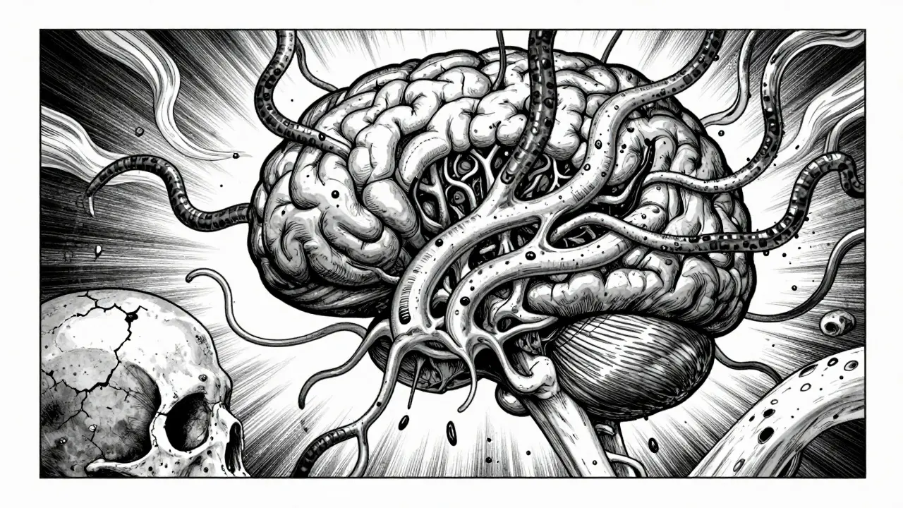 Cerveau monstrueux et sensible à l'intérieur du crâne, illustrant la sensibilisation centrale, style manga sombre.