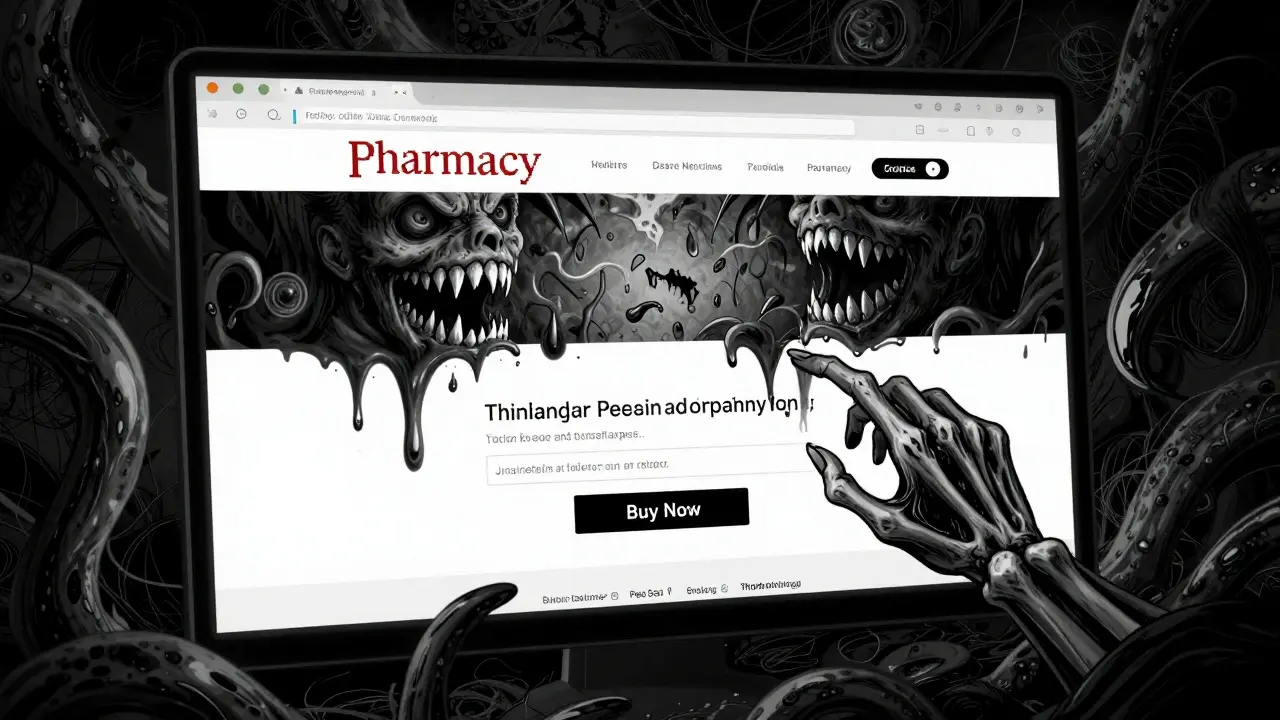 Interface de site web de pharmacie se transformant en monstres numériques dans un style Junji Ito.