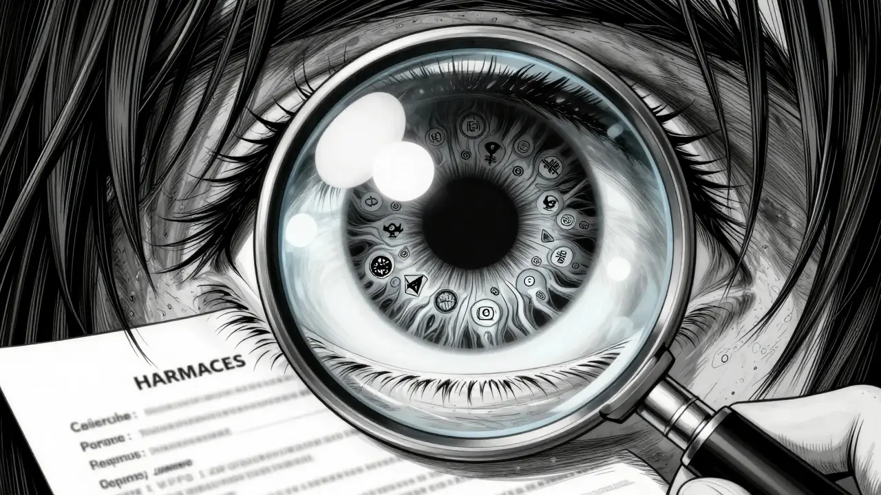 Oeil examinant des documents avec motifs psychédéliques sombres