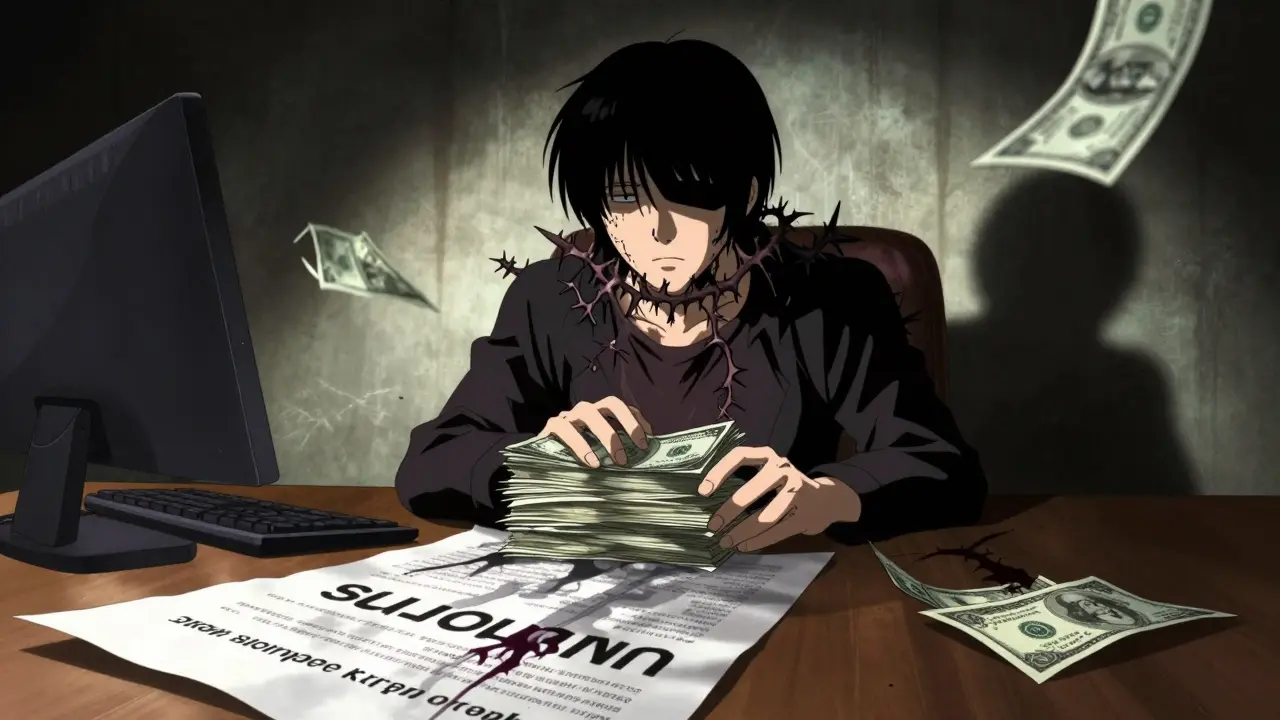 Personne assise devant des factures qui deviennent des vignes épineuses, style manga sombre.