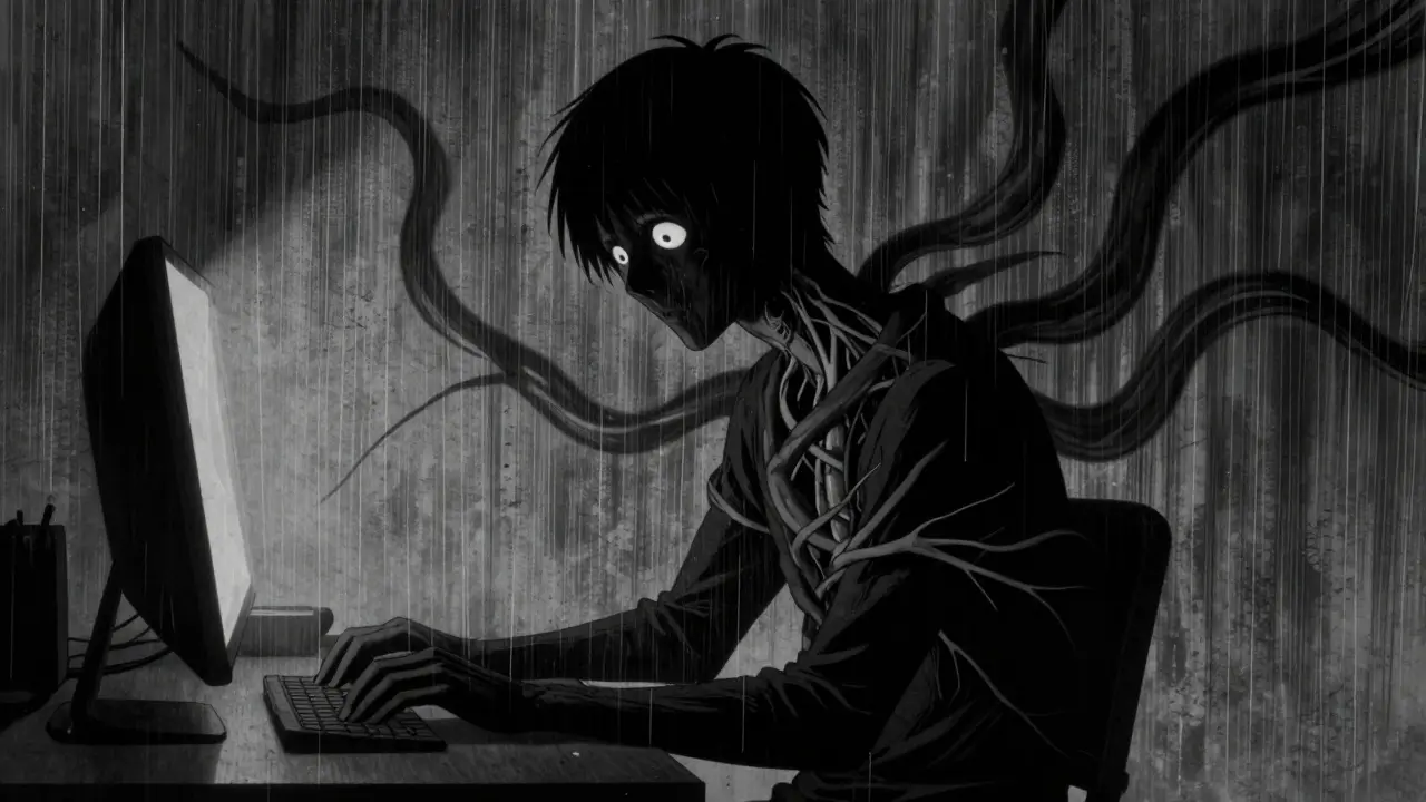 Silhouette déformée par une mauvaise posture et des ombres tentaculaires sur la nuque, style Junji Ito.