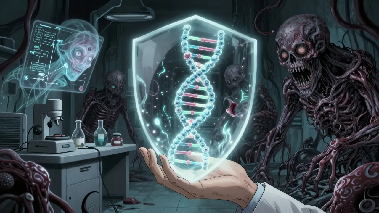 ADN se transformant en bouclier contre des ombres menaçantes, illustrant la médecine précise
