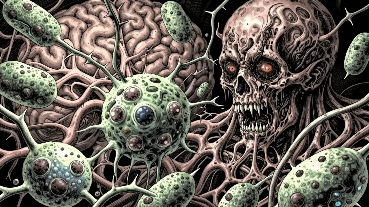 Cellules et mitochondries monstrueuses en décomposition, dessin manga sombre