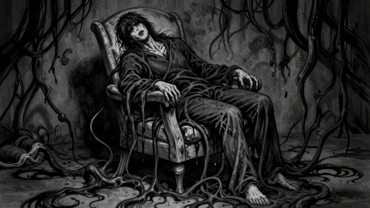 Dépiction au style Junji Ito de la fatigue liée au cancer : une figure affaissée dans un fauteuil se dissolvant dans des ombres, atmosphère oppressante, effets de hachures complexes, sentiment d'épuisement et de crainte.