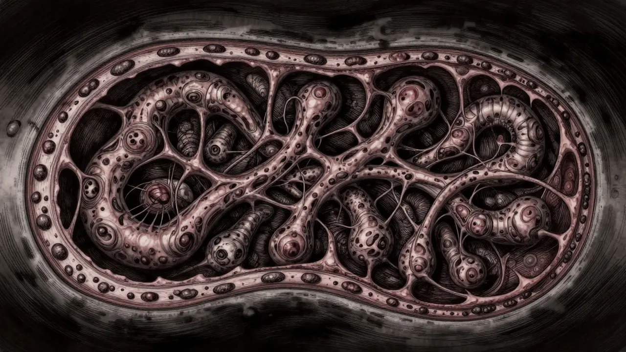 Diagramme médical au style Junji Ito de la fibrose tardive et du durcissement des tissus, formes organiques tordues ressemblant à des cicatrices, beauté inquiétante dans le grotesque, précision anatomique dérangeante.