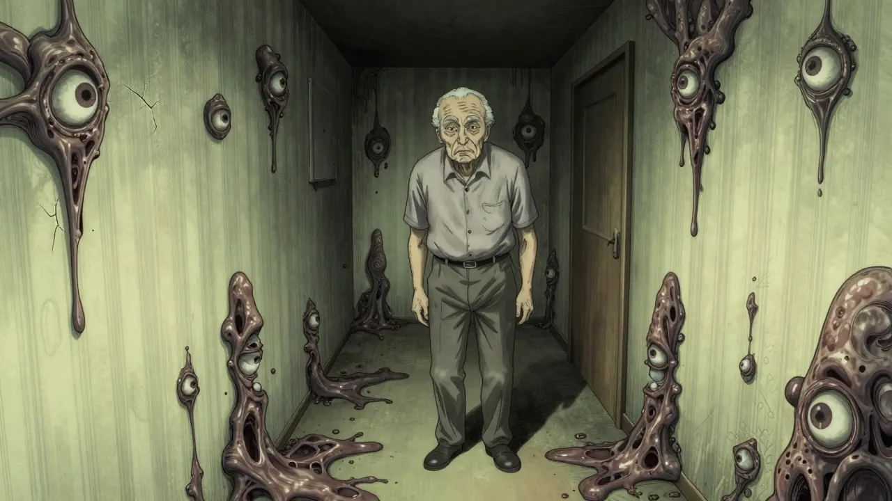 Hallucinations visuelles terrifiantes d'un senior sous antibiotiques, style Junji Ito