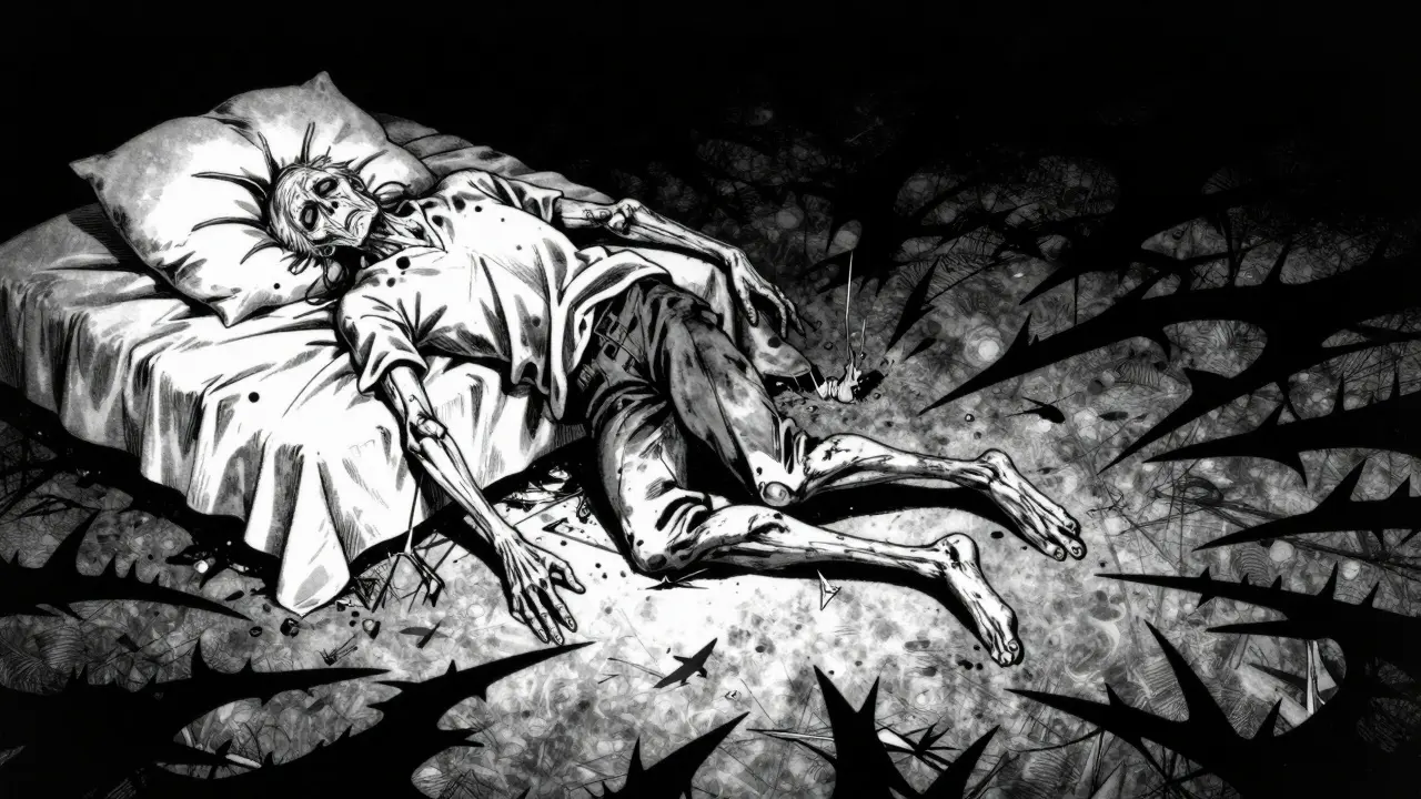 Personne âgée tombant dans l'obscurité, illustrant le risque de chutes nocturnes.