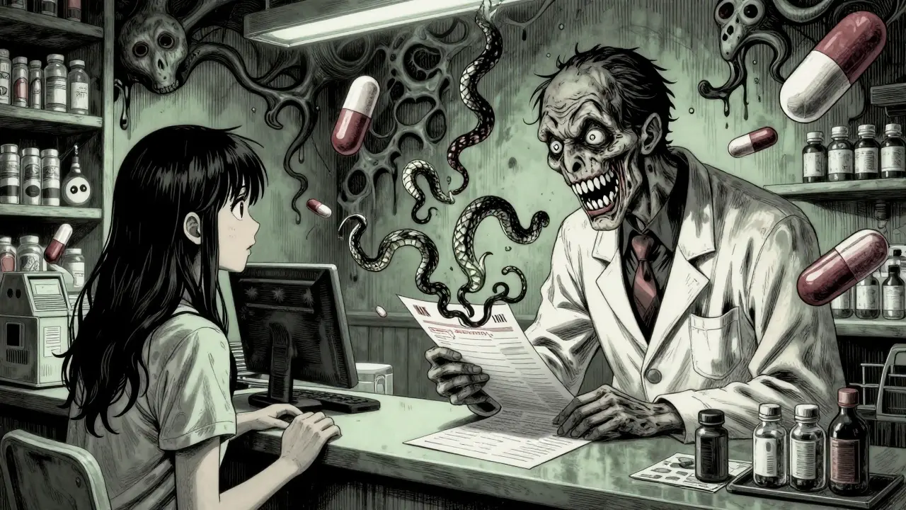 Pharmacien grotesque et pilules vivantes dans un cauchemar