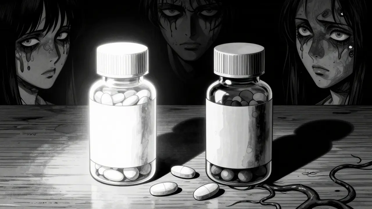 Piles de médicaments stimulants et non-stimulants avec ombres inquiétantes