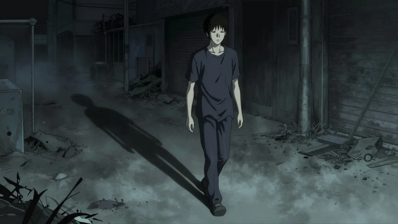 Scène au style Junji Ito d'une patiente marchant seule la nuit, longues ombres déformées, visage impassible montrant la résilience au milieu de la souffrance, arrière-plan urbain en décrépitude, ambiance mélancolique et hantée.