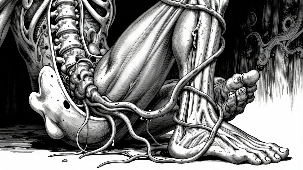 Style Junji Ito : sciatique avec nerf lombaire écrasé par une hernie