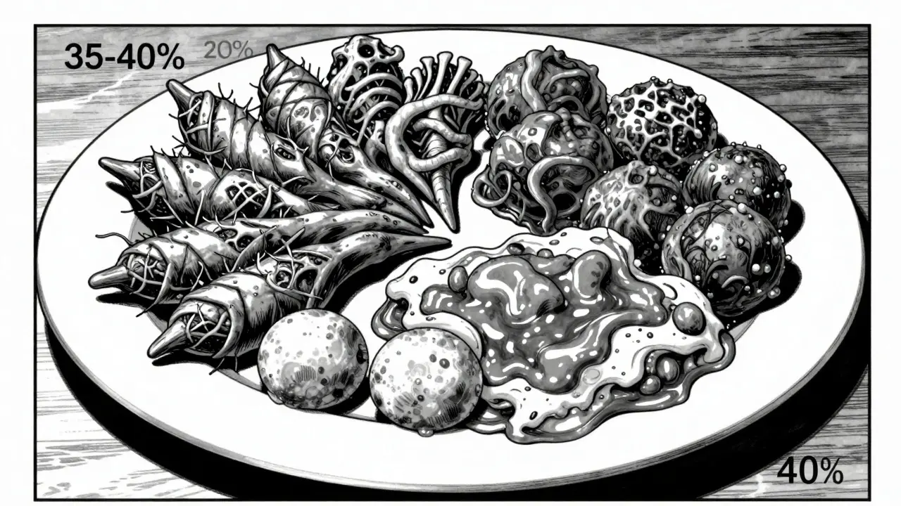Assiette de repas équilibré stylisée avec des détails inquiétants et des ombres marquées.