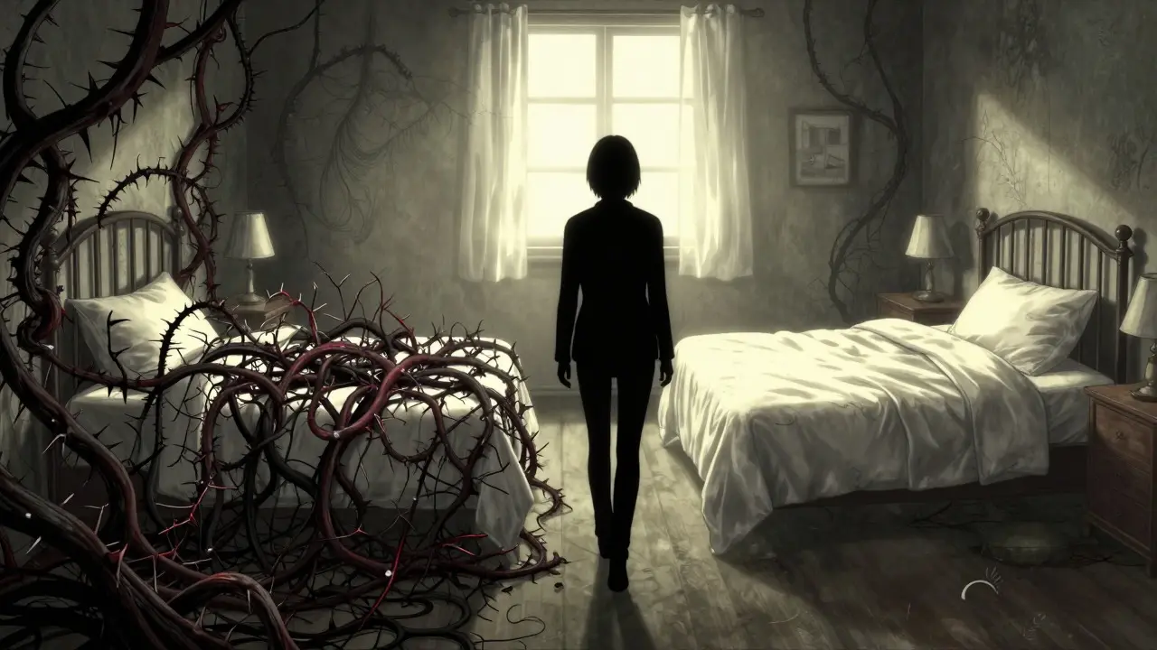 Chambre se transformant de cauchemar en sanctuaire apaisant, style dessin sombre