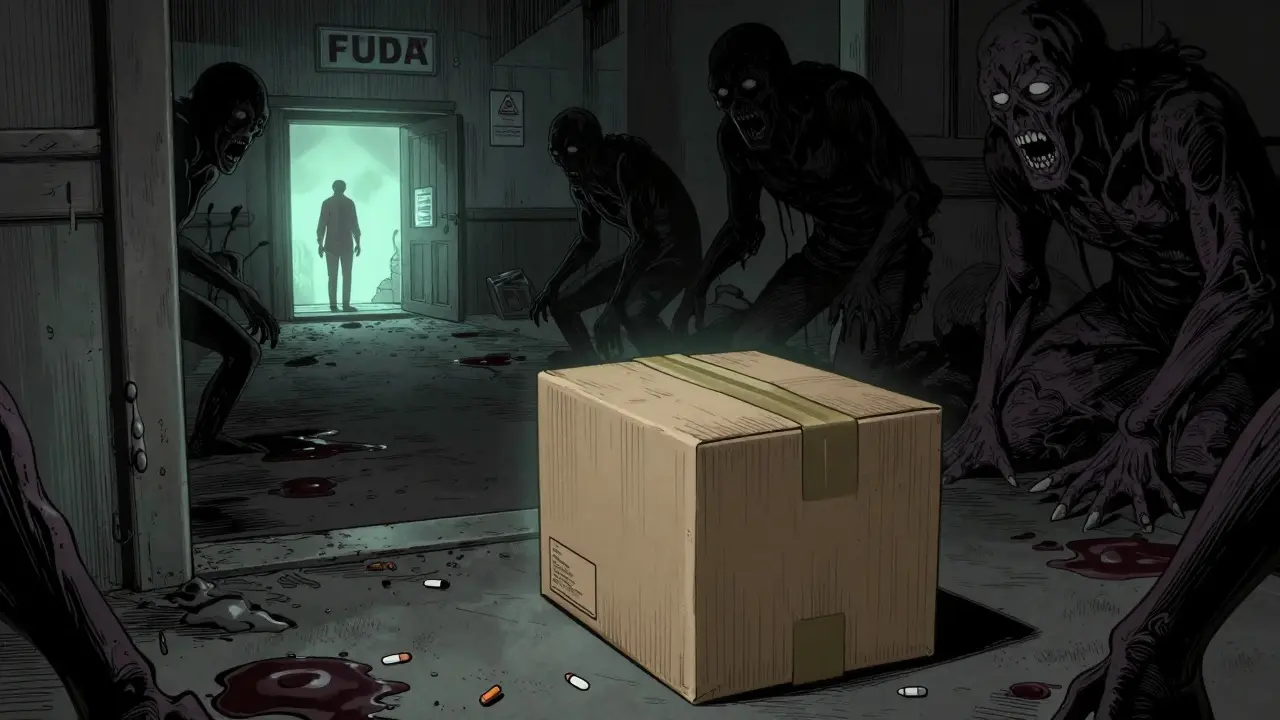 Colis de livraison menaçant entouré d'ombres monstrueuses représentant les arnaques, style Junji Ito