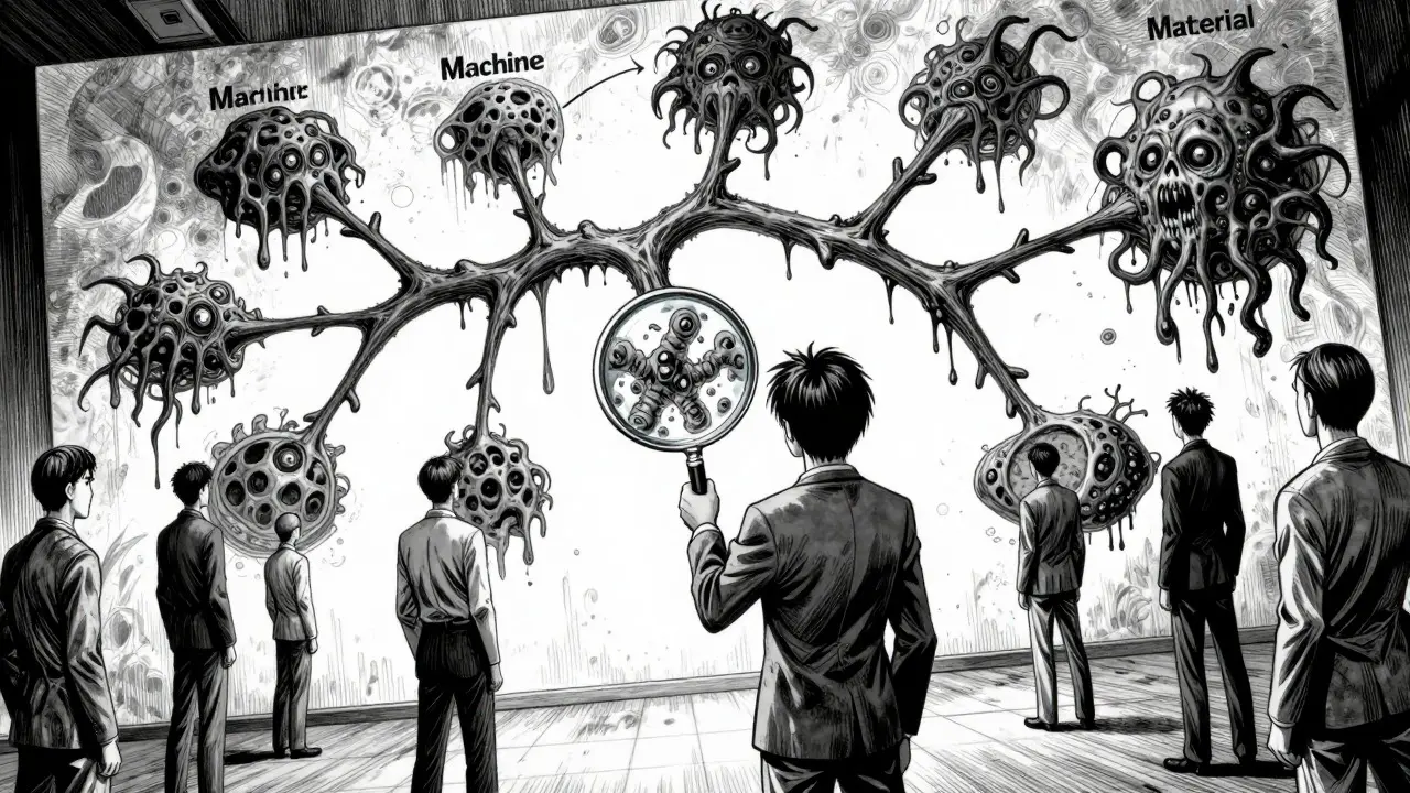 Diagramme d'Ishikawa monstrueux avec des entités tentaculaires représentant les causes racines