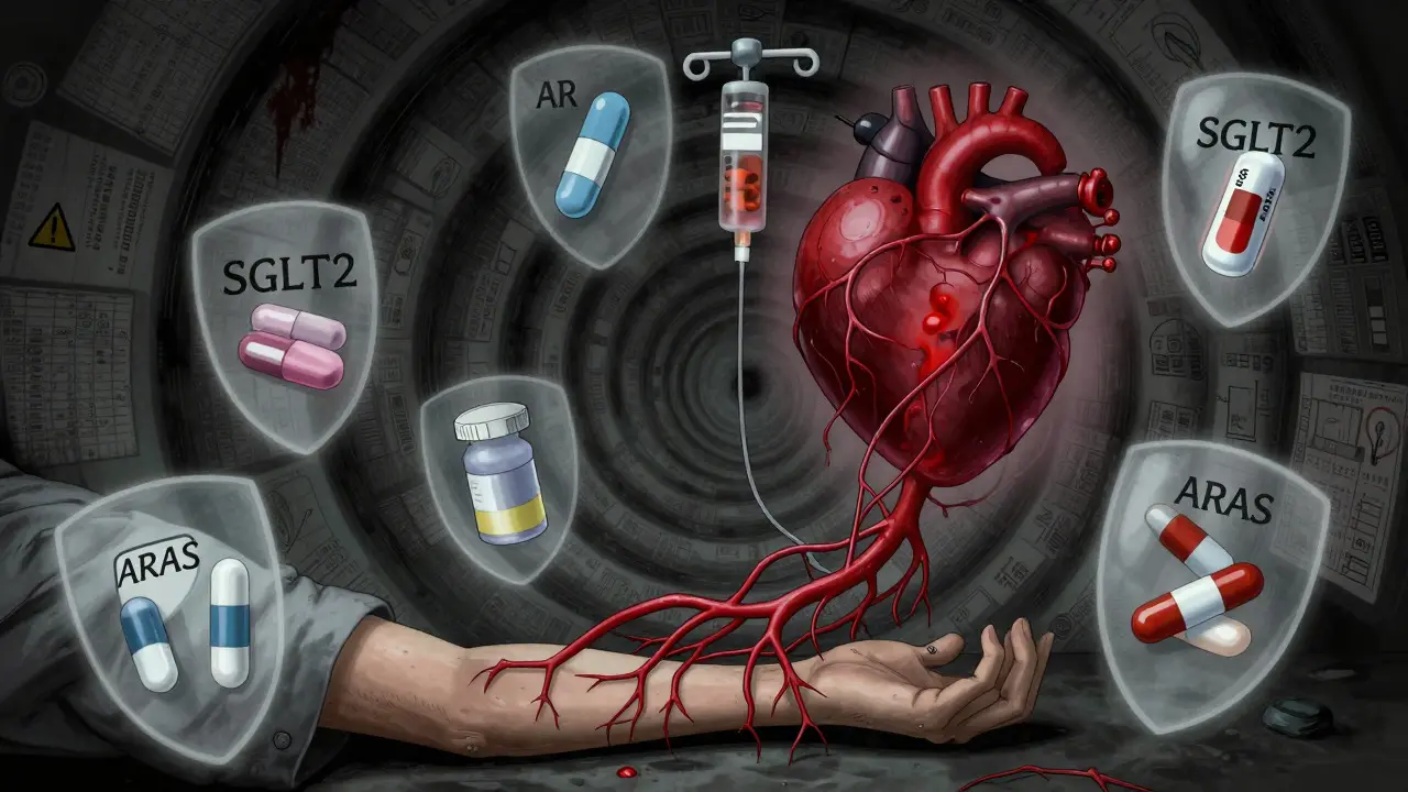Illustration surréaliste montrant la protection rénale par les médicaments contre une menace sombre