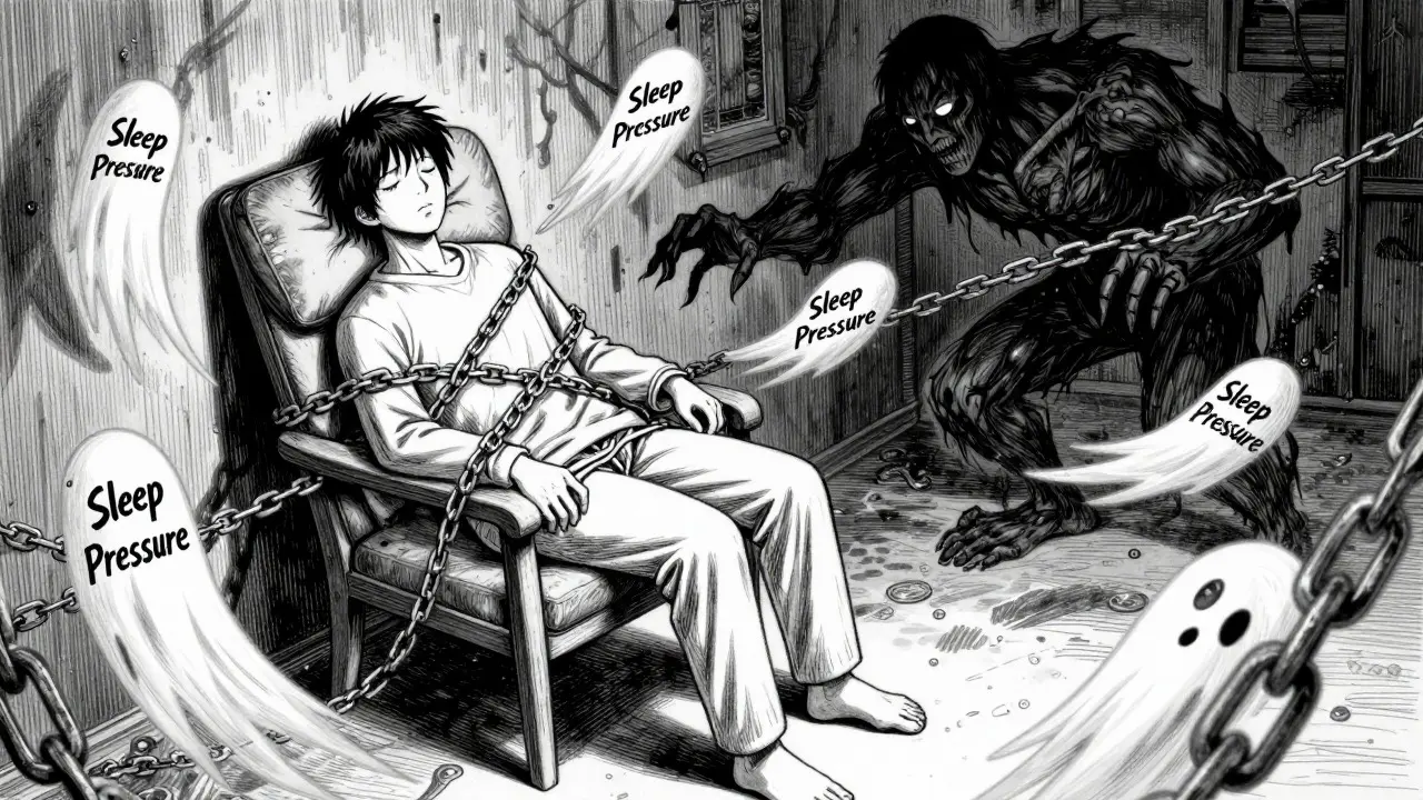 Lutte contre la somnolence diurne illustrée par des chaînes fantomatiques, style manga