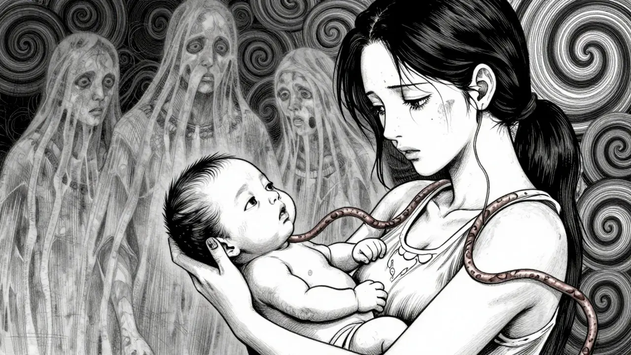 Mère et nouveau-né reliés par un cordon ombilical pulsant dans un style sombre.