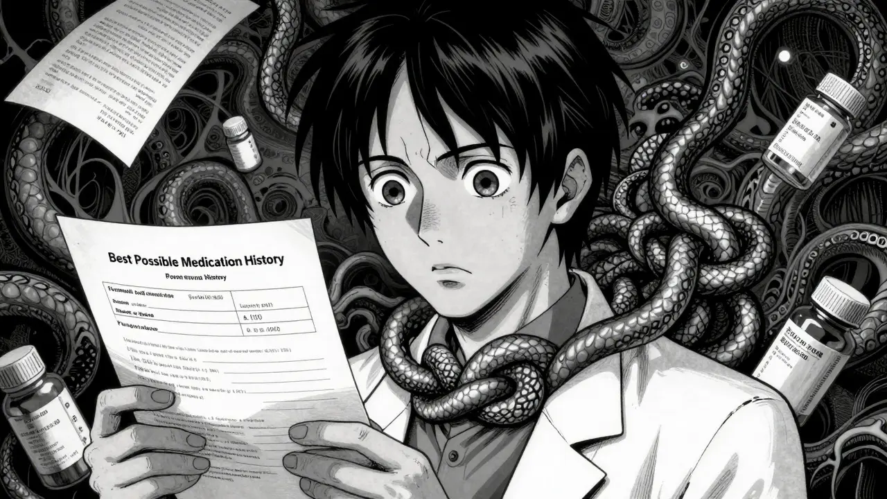 Pharmacien examinant des papiers médicaux qui se tordent comme des serpents
