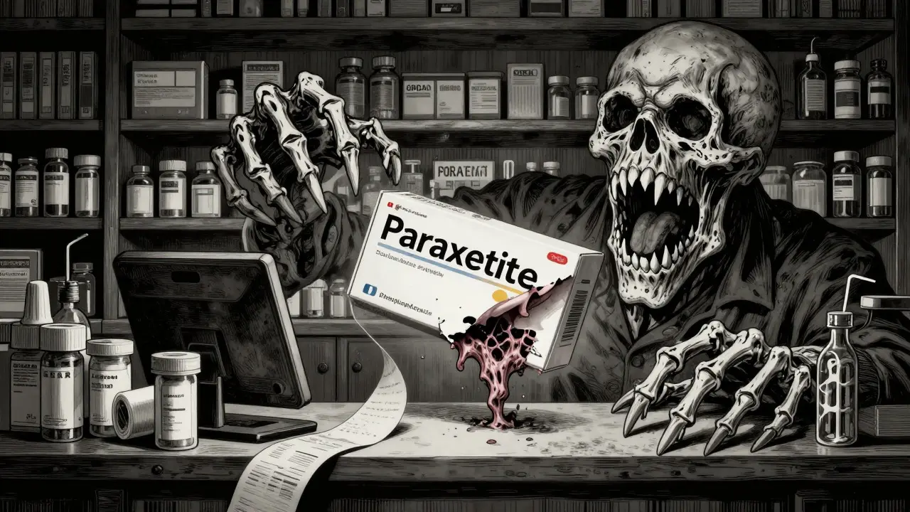 Comptoir de pharmacie monstrueux avec des étagères en os et dents
