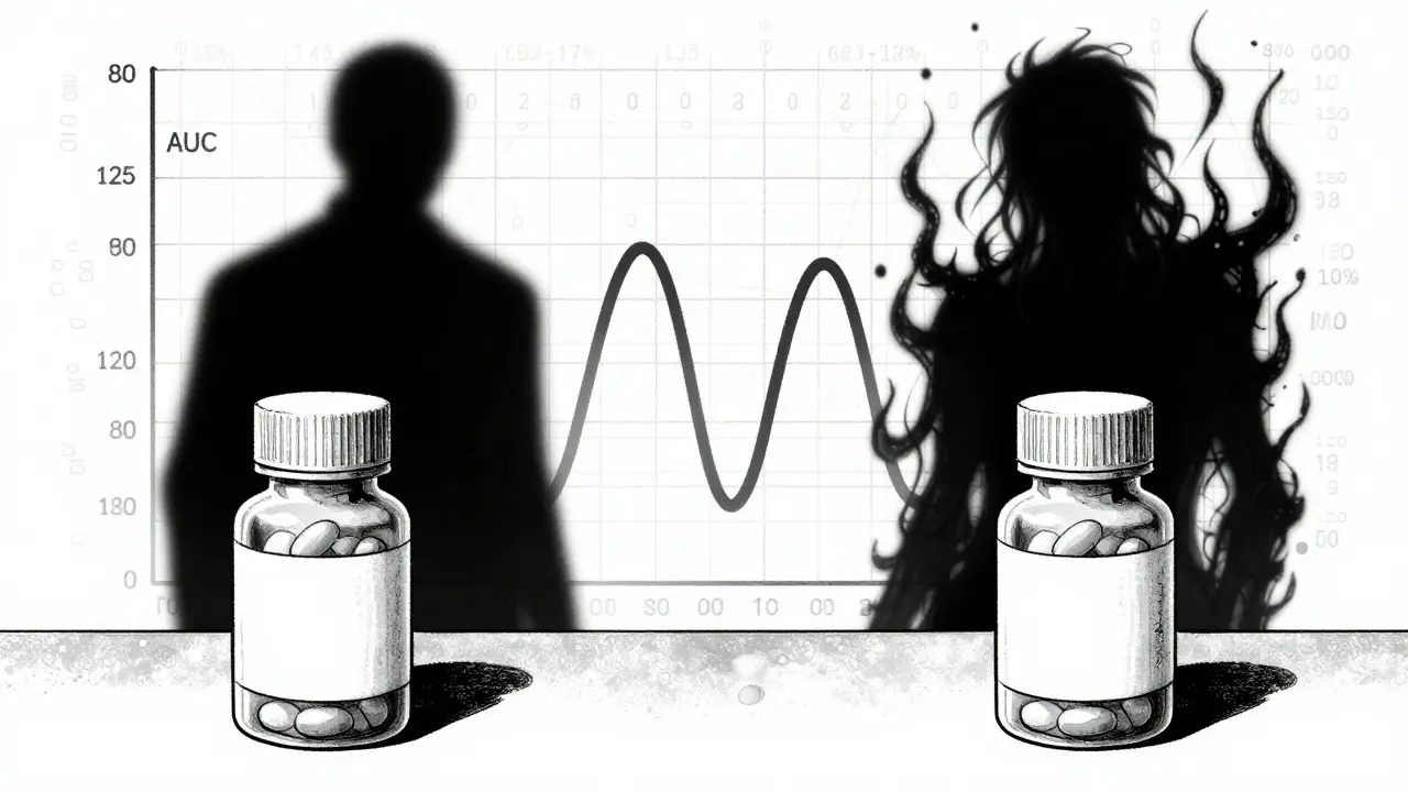 Deux flacons de médicaments projettent des ombres monstrueuses différentes sur un fond de courbes statistiques.
