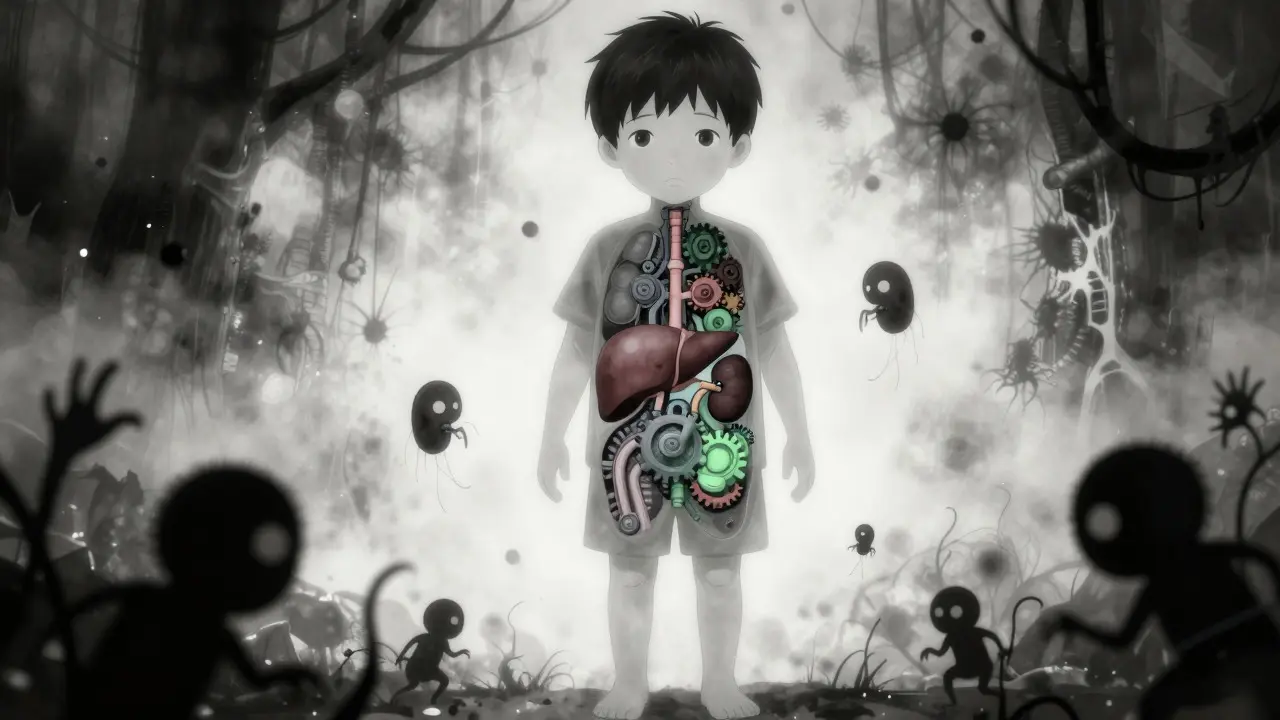 Illustration surréaliste des organes internes d'un enfant affectés par les médicaments.
