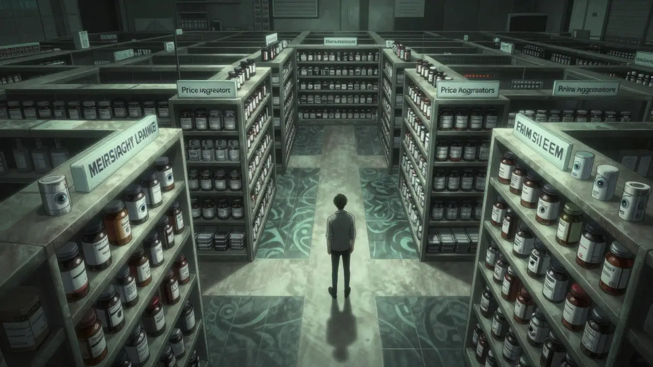 Labyrinthe de pharmacie en ligne avec des étagères infinies et des flacons étranges