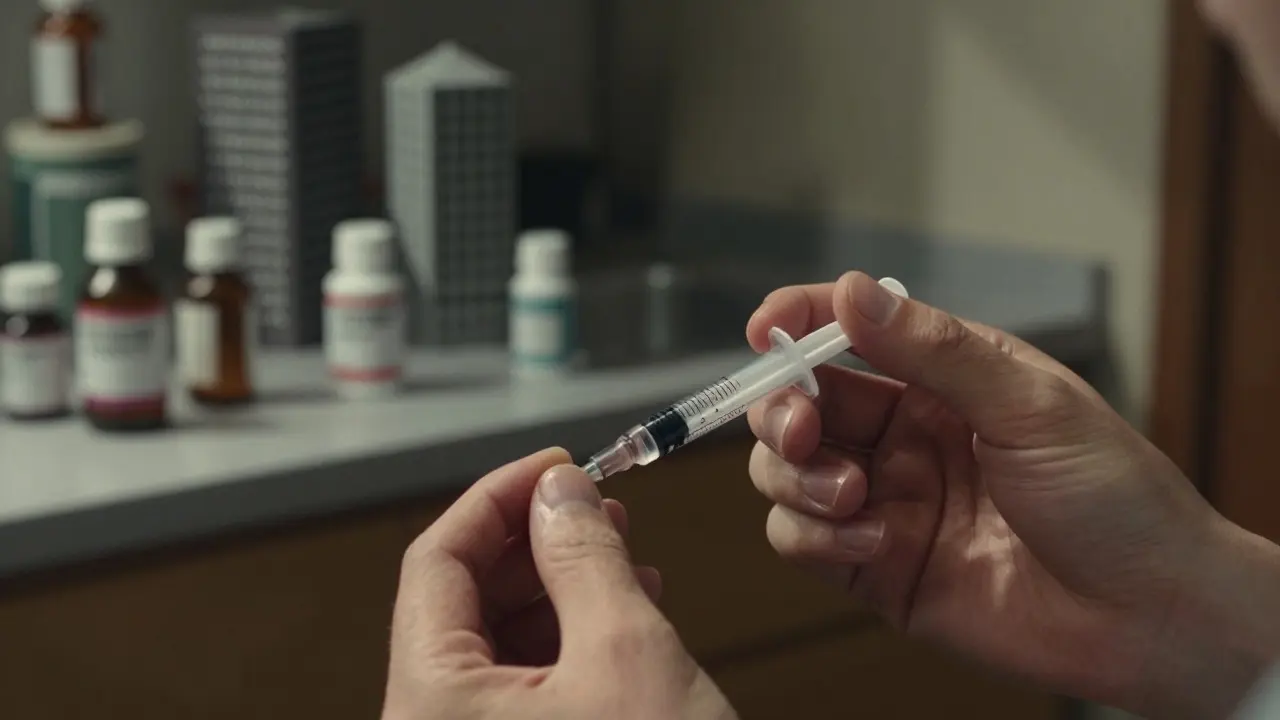 Mains mesurant précisément du médicament avec une ambiance dramatique et ombragée.