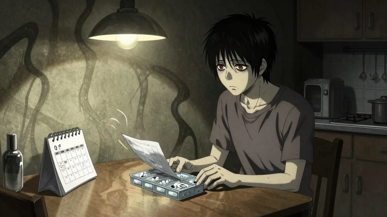 Patient looking worried at a calendar and empty pill box